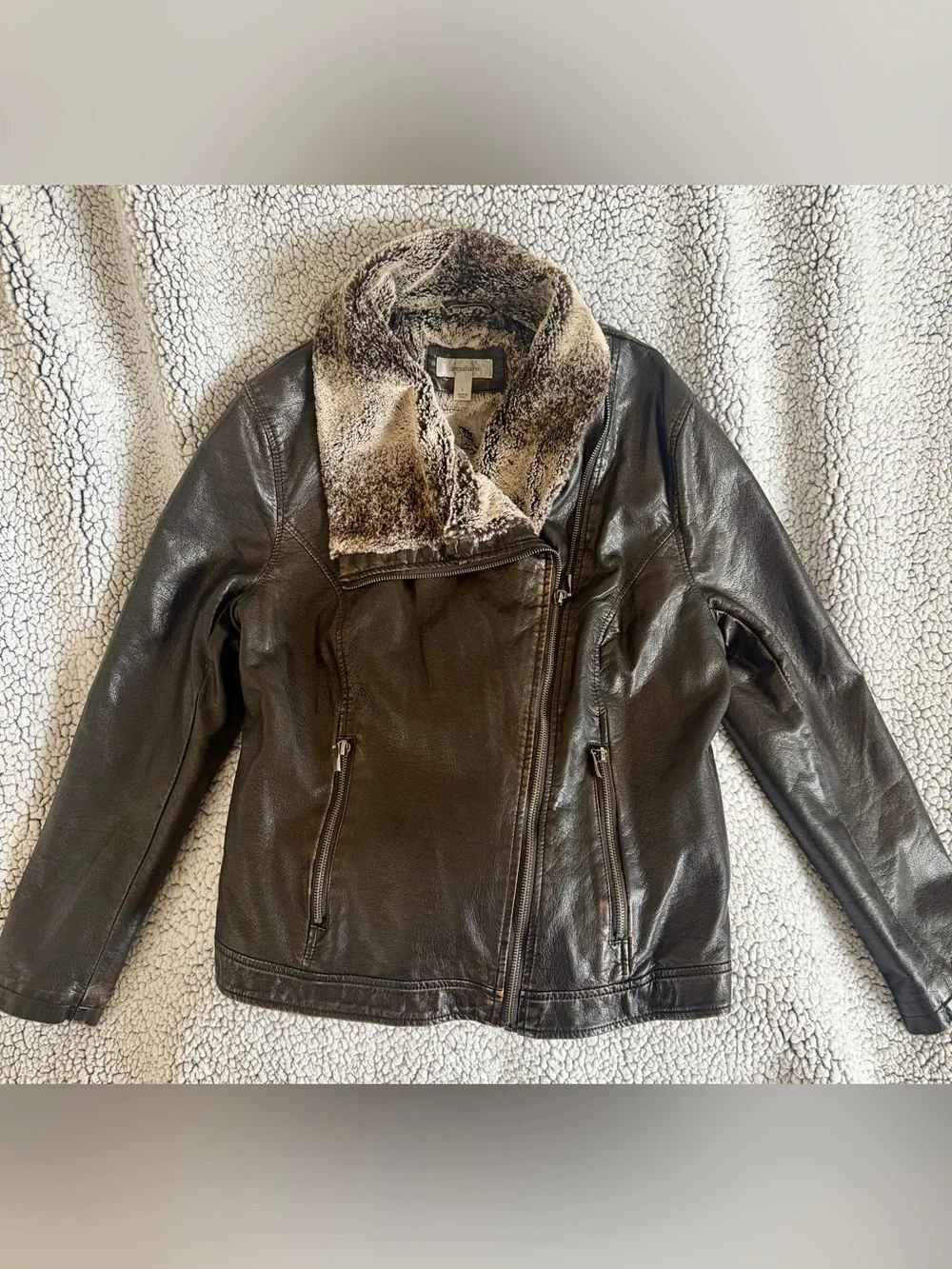 dressbarn Dark Brown Leather Jacket with Faux Fur Shawl Collar - Picture 1 of 11